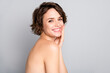 © deagreez - Closeup profile photo of beautiful nude lady short bob hairdo rejuvenation spa salon procedure soft facial skin touch arms cheekbone aesthetic isolated grey color background