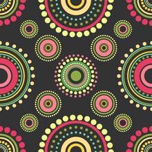 Seamless Abstract Pattern Of Red, Orange And Green Circles And Dots On Black Background. Kaleidoscope Ornament.