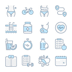Poster - Fitness and Gym related blue line colored icons. Sport and Training icon set.