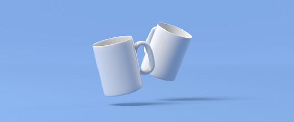 blank mug floating on blue background 3D rendering