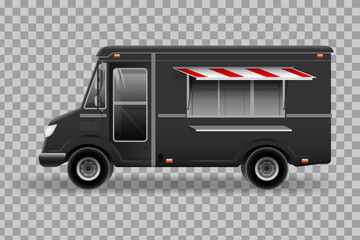 Side View Food Truck with City Landscape on the Background. Mobile kitchen van. Corporate identity element.