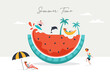 Summer scene, group of people having fun around a huge watermelon, surfing, swimming in the pool, drinking cold beverage, playing on the beach