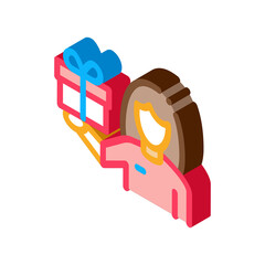 Poster - Woman with Gift Icon Vector. Isometric Woman with Gift sign. color isolated symbol illustration