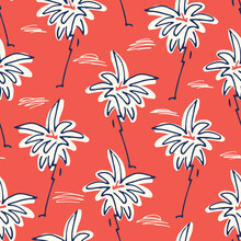 Cute Doodle Hand Drawn Palms Hawaiian Beach Shirt Vector Seamless Pattern. Retro Surf And Beach Tropical Vacation Print For Fashion, Textile. Funky Playful Eighties Style Summer Red Background.