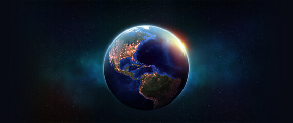 Poster - Planet earth in outer space. Night over American continents. Light of night cities in world. Elements of this image furnished by NASA