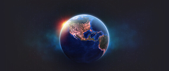 Poster - Planet earth in outer space. Night over American continents. Light of night cities in world. Elements of this image furnished by NASA