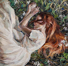 Red-haired Beauty, A Young Girl Sleeps And Dreams On The Field Among Different Summer Herbs And Wild Flowers. Oil Painting On Canvas.    