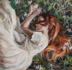 Red-haired beauty, a young girl sleeps and dreams on the field among different summer herbs and wild flowers. Oil painting on canvas.    