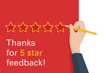 Poster - Thanks for 5 stars feedback - motivation for positive review - hand writing star with pencil - vector banner, poster