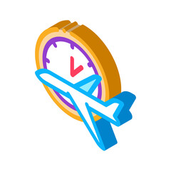 Poster - Plane Fly Time Or Lateness Icon Vector. Isometric Flying Airplane And Time Clock Watch Concept Linear Pictogram. Air Transport Aircraft sign. color isolated symbol illustration
