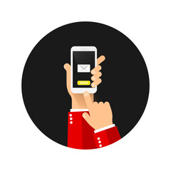 Poster - Hand holds a mobile phone on the screen envelope with button send.Vector on isolated white background. EPS 10.