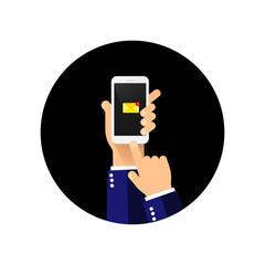 Poster - Hand holds a mobile phone on the screen envelope. Vector on isolated white background. EPS 10.