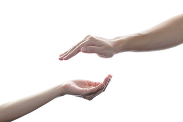 Couple open cupped hands with empty between on white isolated background.