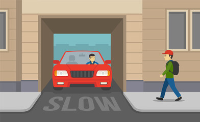 Boy crossing road. Walking on sidewalk. Car going through the building arch. Look before crossing the road. Road safety rule. Flat vector illustration.