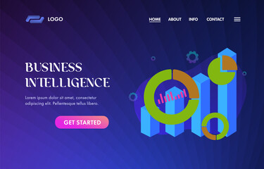 Poster - Business Intelligence UI UX vector web template for website header, banner, slider or landing page. Big Data Analytics with Chart and graph icons, key performance indicators (KPI) on violet background