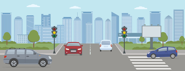 Crossroads with cars and traffic lights. Modern city life illustration.  Panoramic view. Flat style, vector illustration.