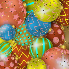 Wall Mural - Christmas background with shining colorful balls. New year and Christmas vector card illustration on red background