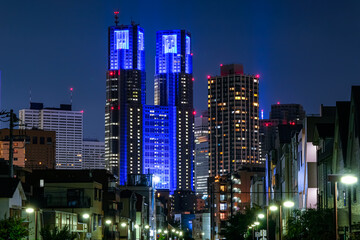 Wall Mural - 東京都庁 夜景 ブルーライトアップ 神田川、花見橋から（中野区）