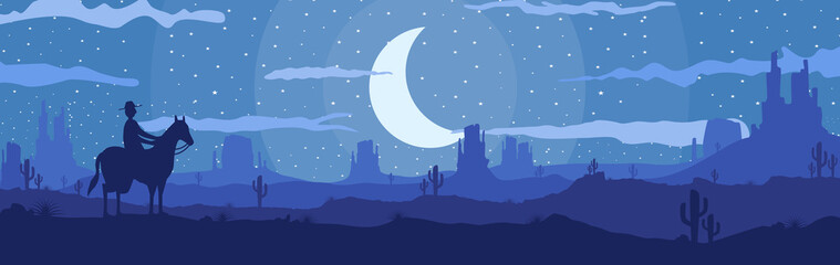 Leinwandbilder - Vector illustration of Western Texas desert panoramic view on night time with mountains, cowboy,  cactus with star and moon on the sky in flat cartoon style