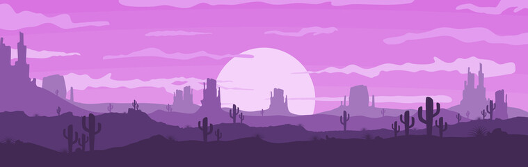 Leinwandbilder - Vector illustration of sunset and twilight desert panoramic view with mountains and cactus - flat cartoon style
