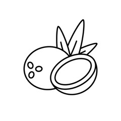 Aufkleber - Coconut. Half and whole nut with leaves. Cartoon line art icon, exotic tropical fruit. Black food packaging design. Contour isolated vector illustration, white background. Natural vegan product emblem