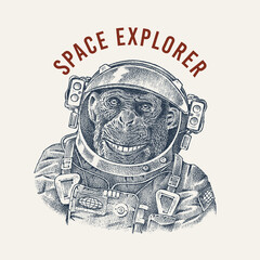 monkey astronaut in a spacesuit label. chimpanzee spaceman dressed in suit. fashion animal character