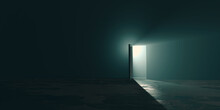 Copyspace Design Of Hope Amid The Gloom Concept, A Bright Exit Door In Dark Room, The Light At The End Of The Tunnel