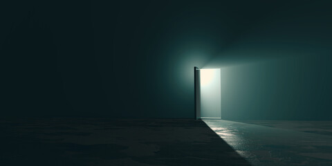 copyspace design of hope amid the gloom concept, a bright exit door in dark room, the light at the e
