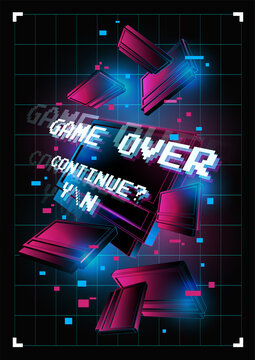 Word Game over in geometric shapes background. Message on the video game screen. For games, banner, web pages.