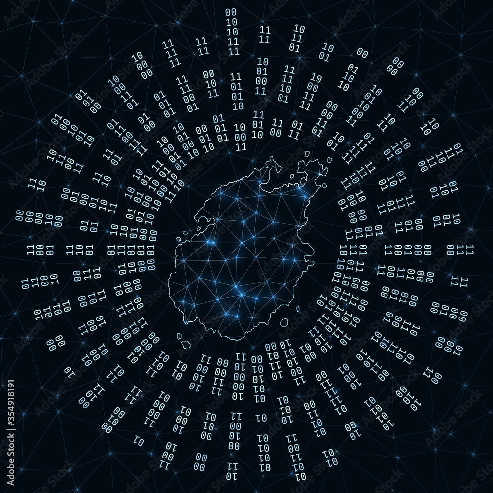 Connectivity Radiating Map Paros digital map. Binary rays radiating around glowing island ...