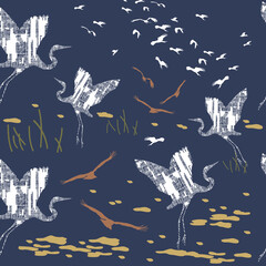  Flying Egrets Seamless Pattern
