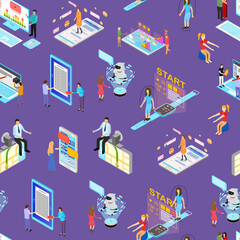 Poster - People and App Interfaces Concept Seamless Pattern Background 3d Isometric View. Vector