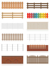 Fences Set. Different Fences Like Wooden, Garden, Electric, Picket, Pasture, Wire Fence, Wall, Barbwire And Other Railings. Isolated Vector Illustration On White Background.
