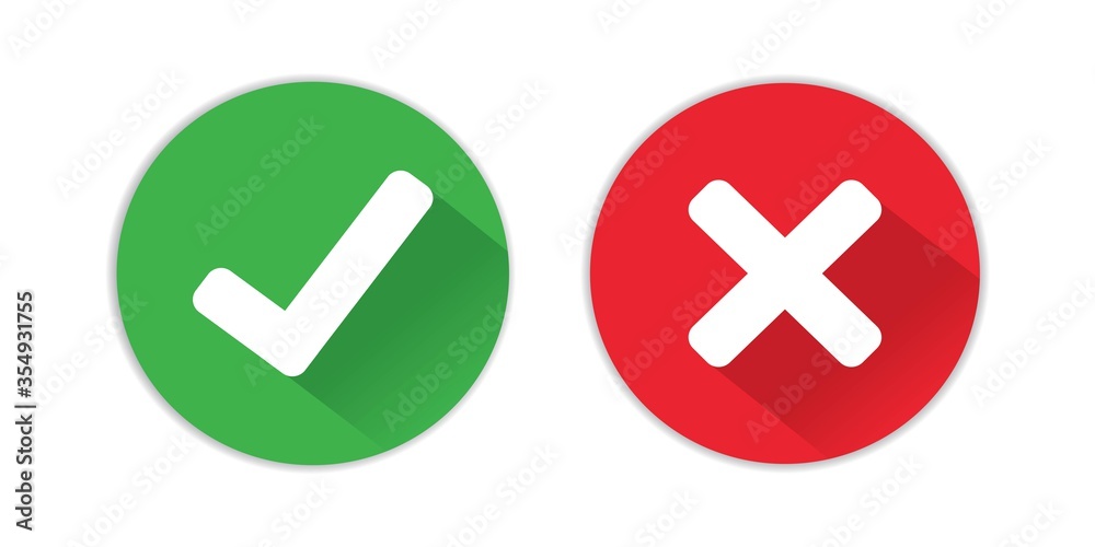 Green check mark and red cross icon with shadow isolated on white ...