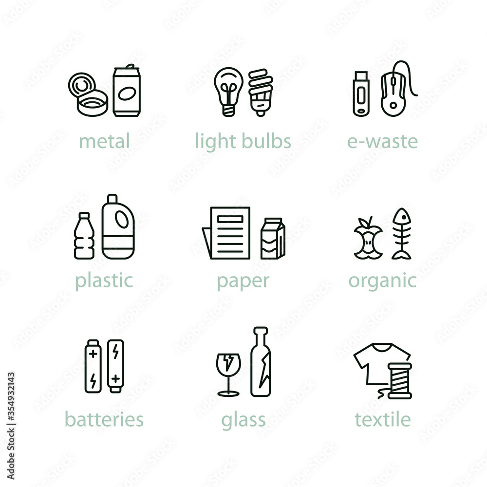 Sorting garbage outline icon set. Recycling, sorting waste. Thin line vector pictogram with editable stroke.