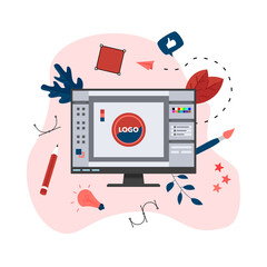 Aufkleber - flat vector graphic design concept with designer with an open design application with a creative pro