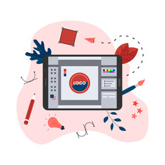 Aufkleber - flat vector graphic design concept with designer with an open design application with a creative pro