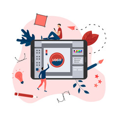 Aufkleber - flat vector graphic design concept with designer with an open design application with a creative pro