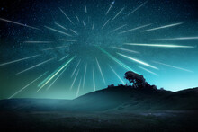 A Large Meteor Shower On A Misty Evening With Streaks Across The Sky. Shooting Stars Landscape Astrophotography Composite.