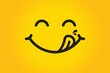 Yummy face smiley delicious with tongue lick mouth, tasty food eating emoticon face on yellow background, smile vector cartoon line style, vector icon illustration