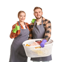 Canvas Print - Happy couple with laundry on white background