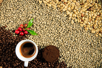 top view blank coffee cup on raw and brown coffee beans, and coffee cherries with perfect shot beside for decoration, fresh aroma coffee drink background abstract selective focus .