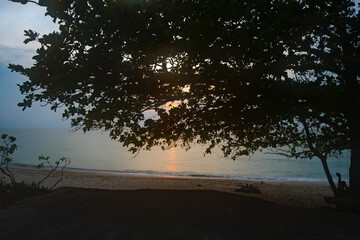 Wall Mural - beautiful sunset or sunrise on na dan beach, khanom, nakhon si thammarat thailand. beautiful golden 