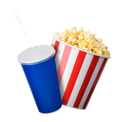 Wall Mural - Paper striped bucket with popcorn and cup of soft drink isolated on white