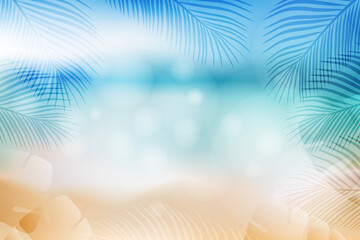 Summer background. Sea beach with tropical leaves.