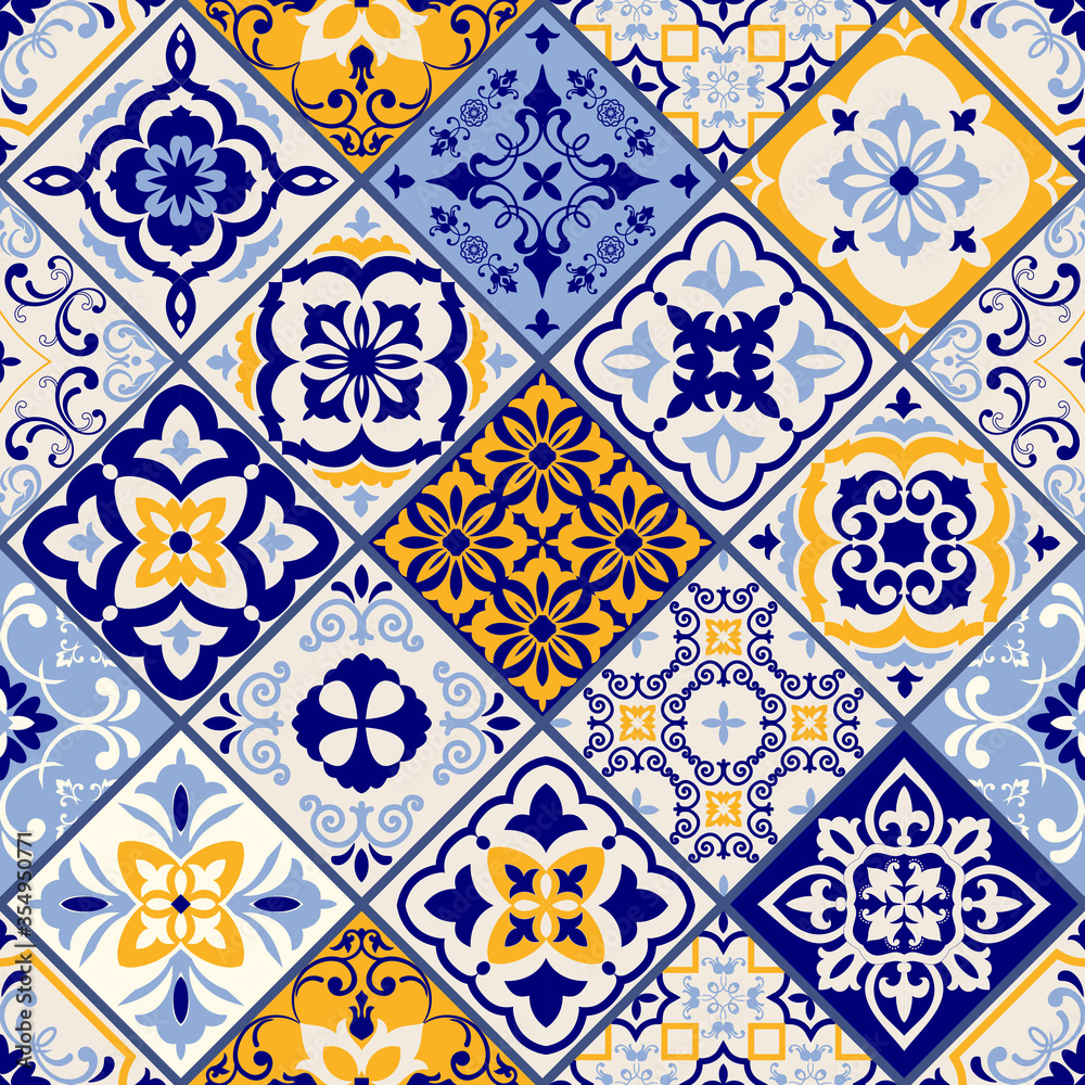 Azulejos tiles patchwork. Seamless colorful patchwork. Hand drawn ...