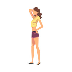 Poster - Relaxed Young Woman, Happy Female Character Wearing Tank Top and Shorts Enjoying Her Leisure Vacation, Summer Holidays and Traveling Cartoon Vector Illustration