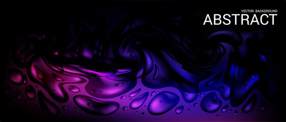 Poster - Vector. Dark purple horizontal abstract background. The effect of a dynamically flowing fluid. Modern trendy liquid poster. Drops of water and colorful 3D splashes. Template for presentation, website.
