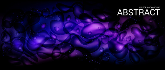 Poster - Dark purple horizontal abstract background. Vector. The effect of a dynamically flowing fluid. Modern trendy liquid poster. Drops of water and colorful 3D splashes. 
