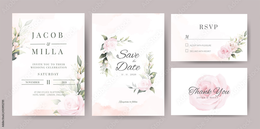 wedding invitaion card set template design with pink rose watercolor ...